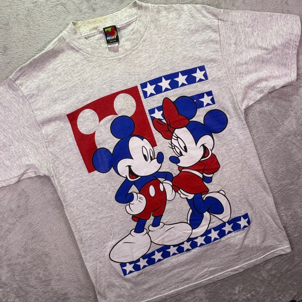 Vintage Mickey Unlimited Unisex T-Shirt OSFA Grey Patriotic Mickey Minnie 90s